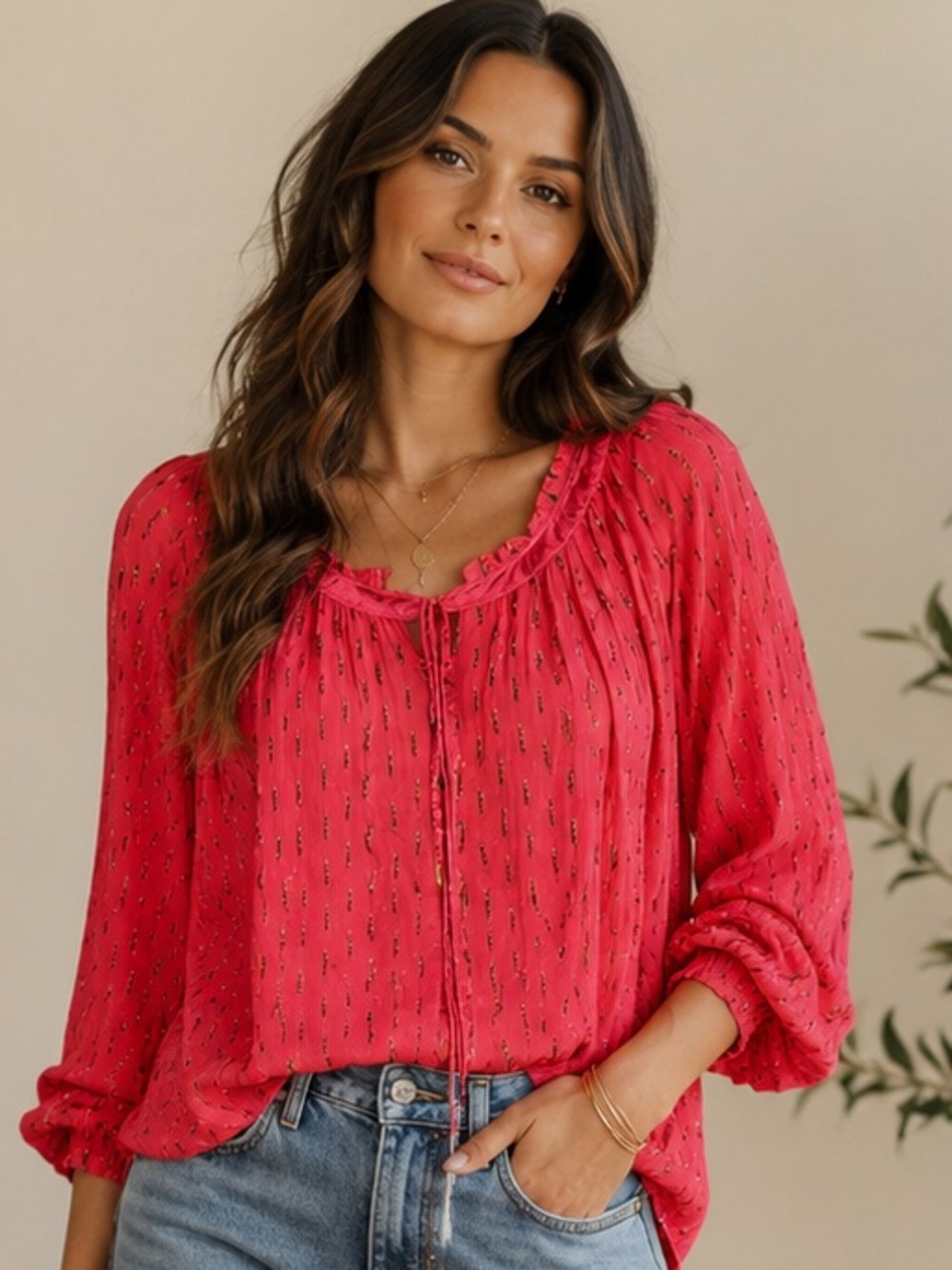 Aratta Rose-Red Peasant Top